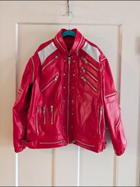 Red Faux Leather "Beat It" Jacket with Silver Accents.  Youth Size 8/9 Like New